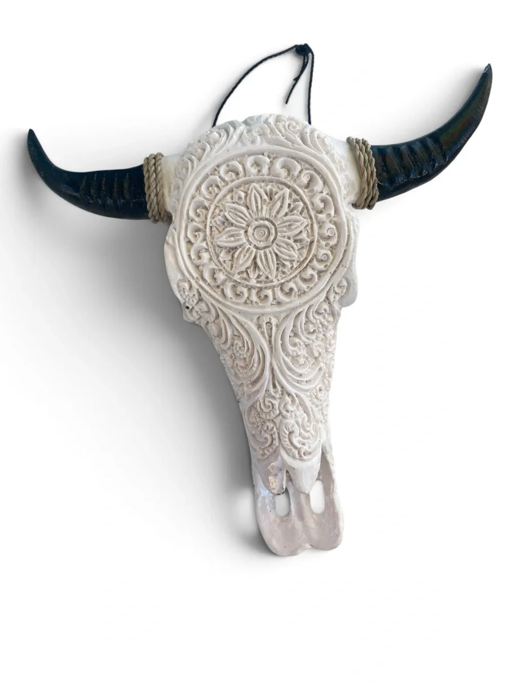 Carved White Decorative Bull Skull Wall Art with Dark Horns